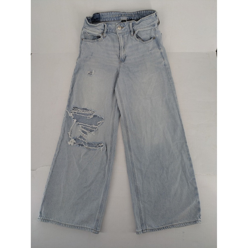 American Eagle Wide Leg Jeans Women 2 Light Wash Blue High Rise Baggy Distressed